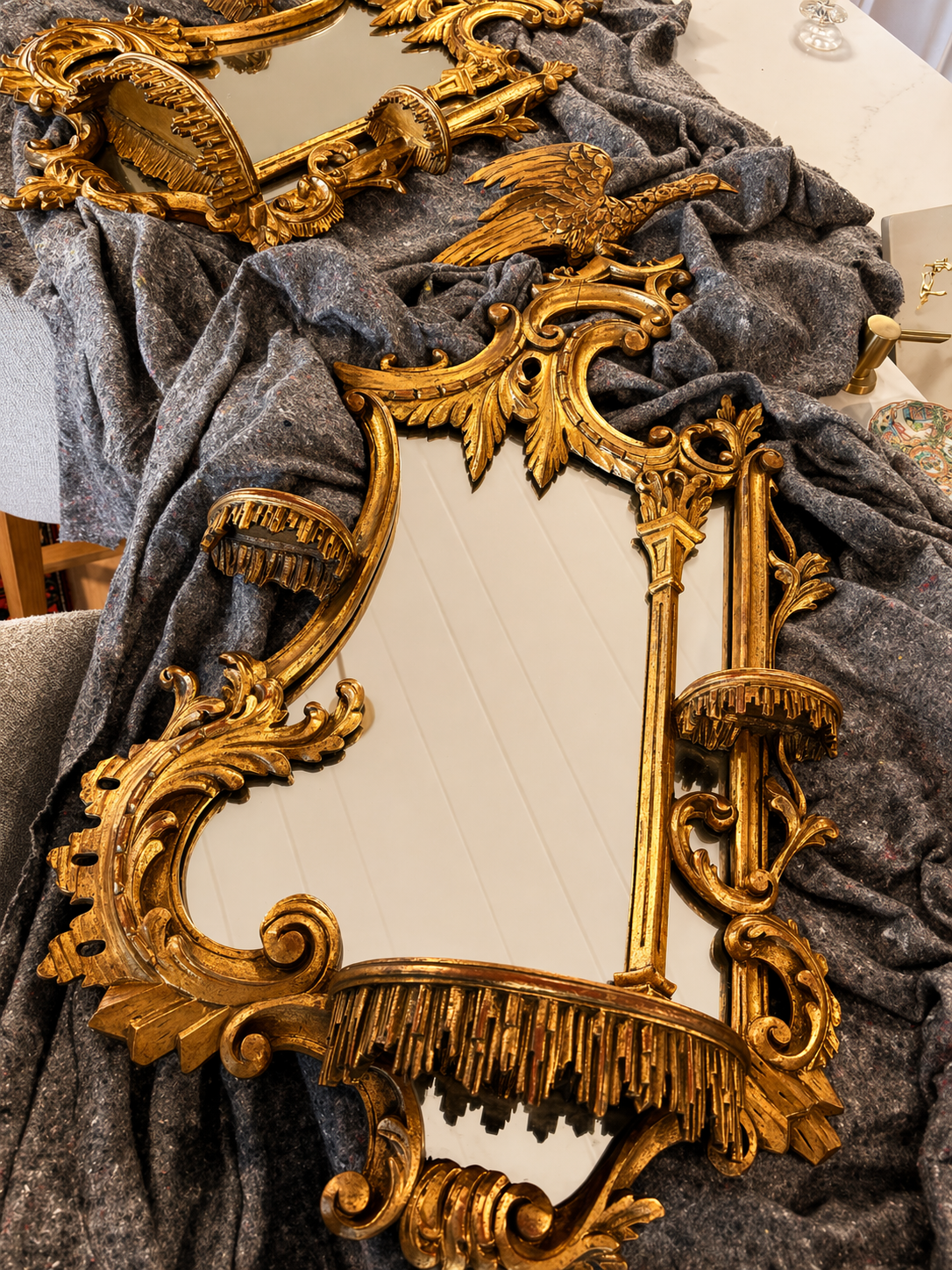 RESERVED. Extra Large 19th Century Gold Gilded Hand Carved Chippendale Pagoda Style Mirrors - Exact PAIR 42”x 19”