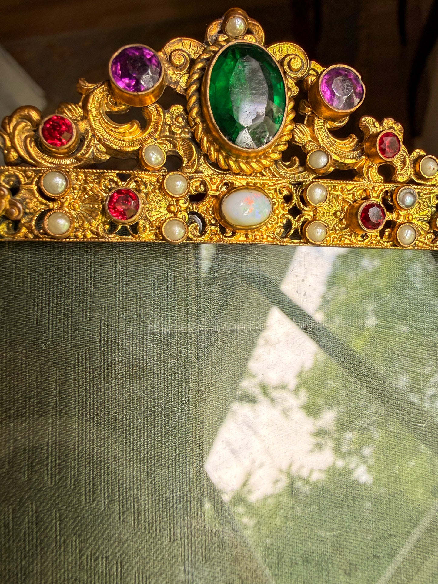 Antique Jeweled Princess Filigree Picture Frame with Natural Opals & Seed Pearls