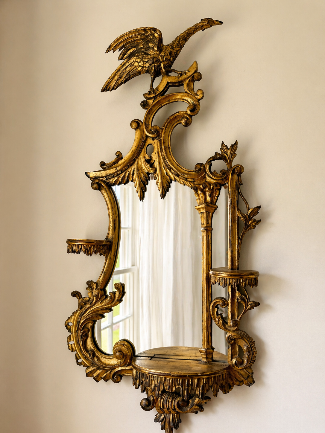 RESERVED.  Extra Large 19th Century Gold Gilded Hand Carved Chippendale Pagoda Style Mirrors - Exact PAIR 42”x 19”