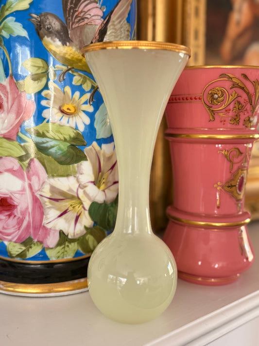 Antique Creamy Yellow Opaline Glass Vase with Gilt Rim
