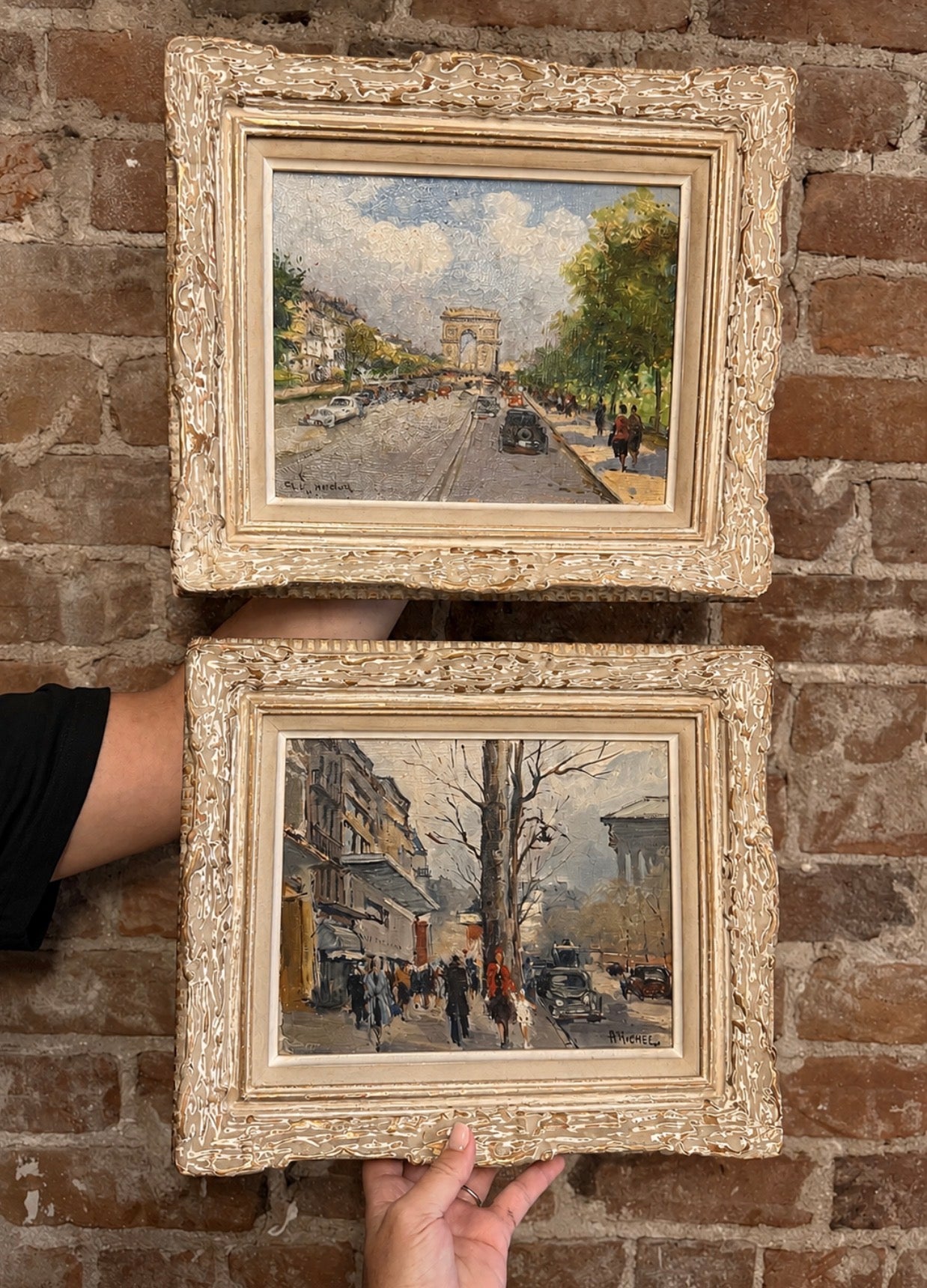 Pair of Antique Paris Street Scene Signed Oil Paintings