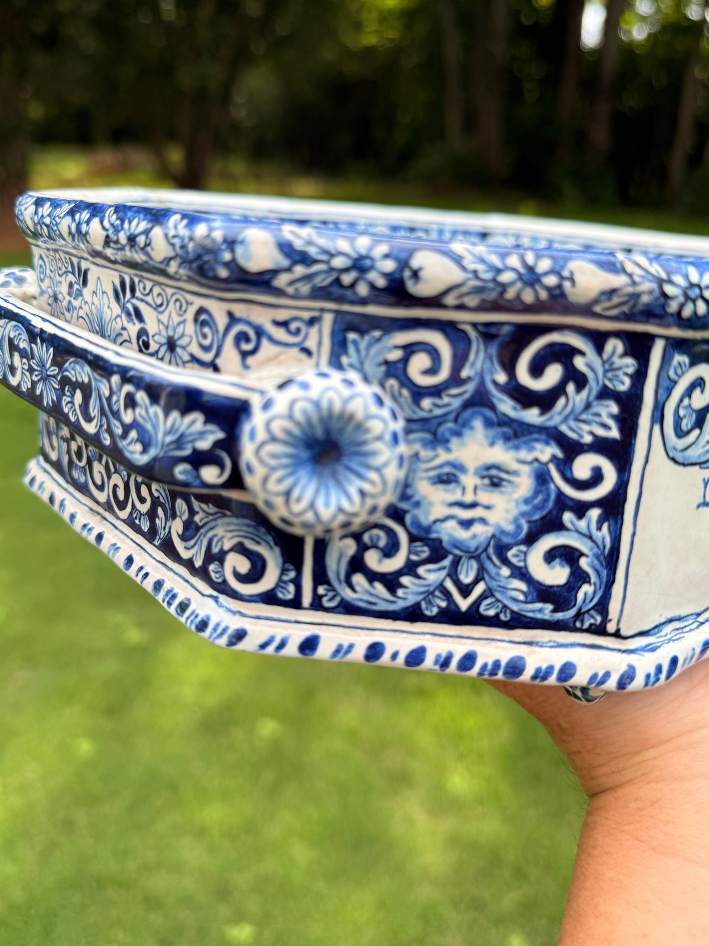 La Faïencerie de Pornic Blue & White Faience Cachepot / Centerpiece