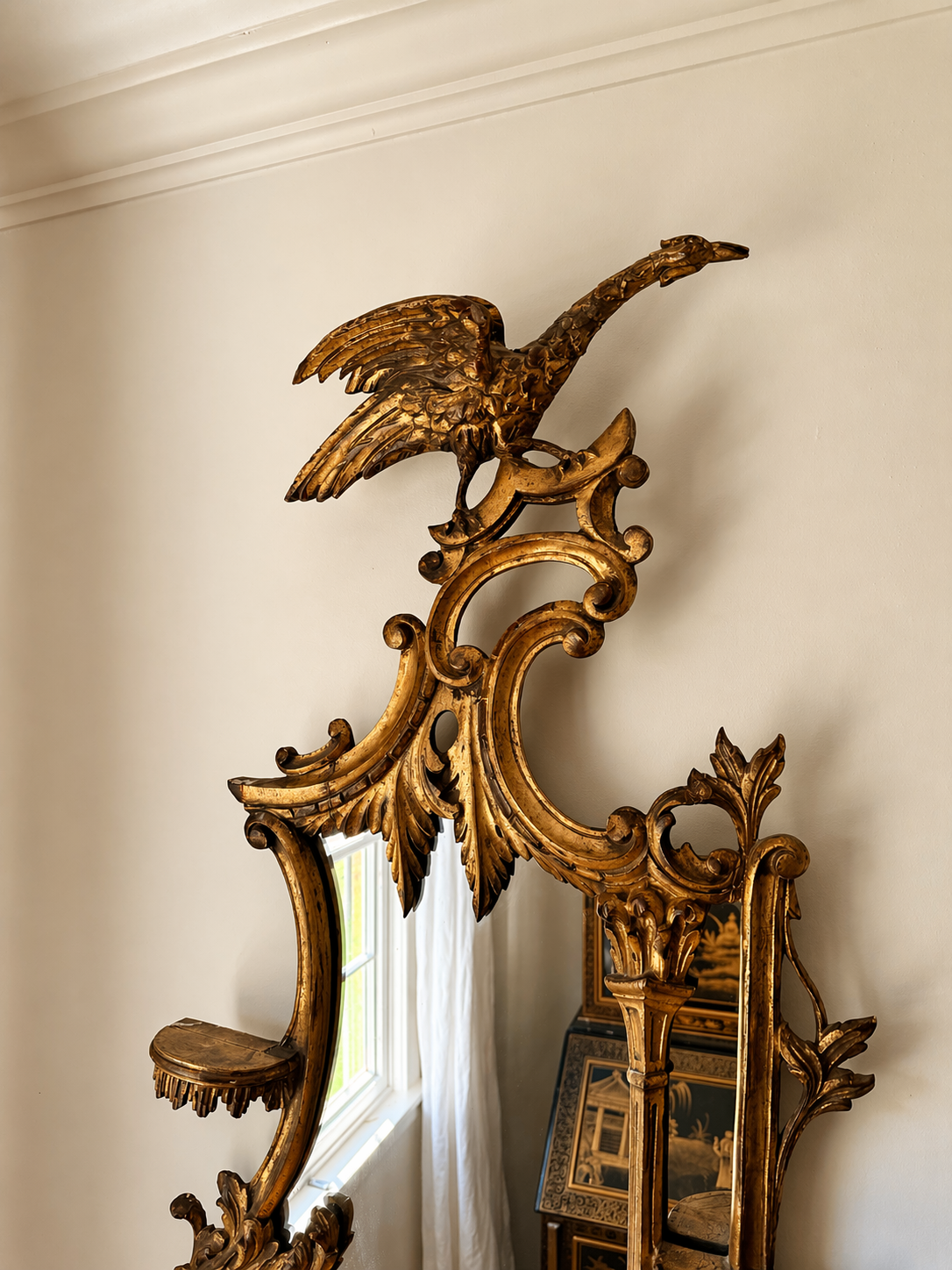 RESERVED.  Extra Large 19th Century Gold Gilded Hand Carved Chippendale Pagoda Style Mirrors - Exact PAIR 42”x 19”