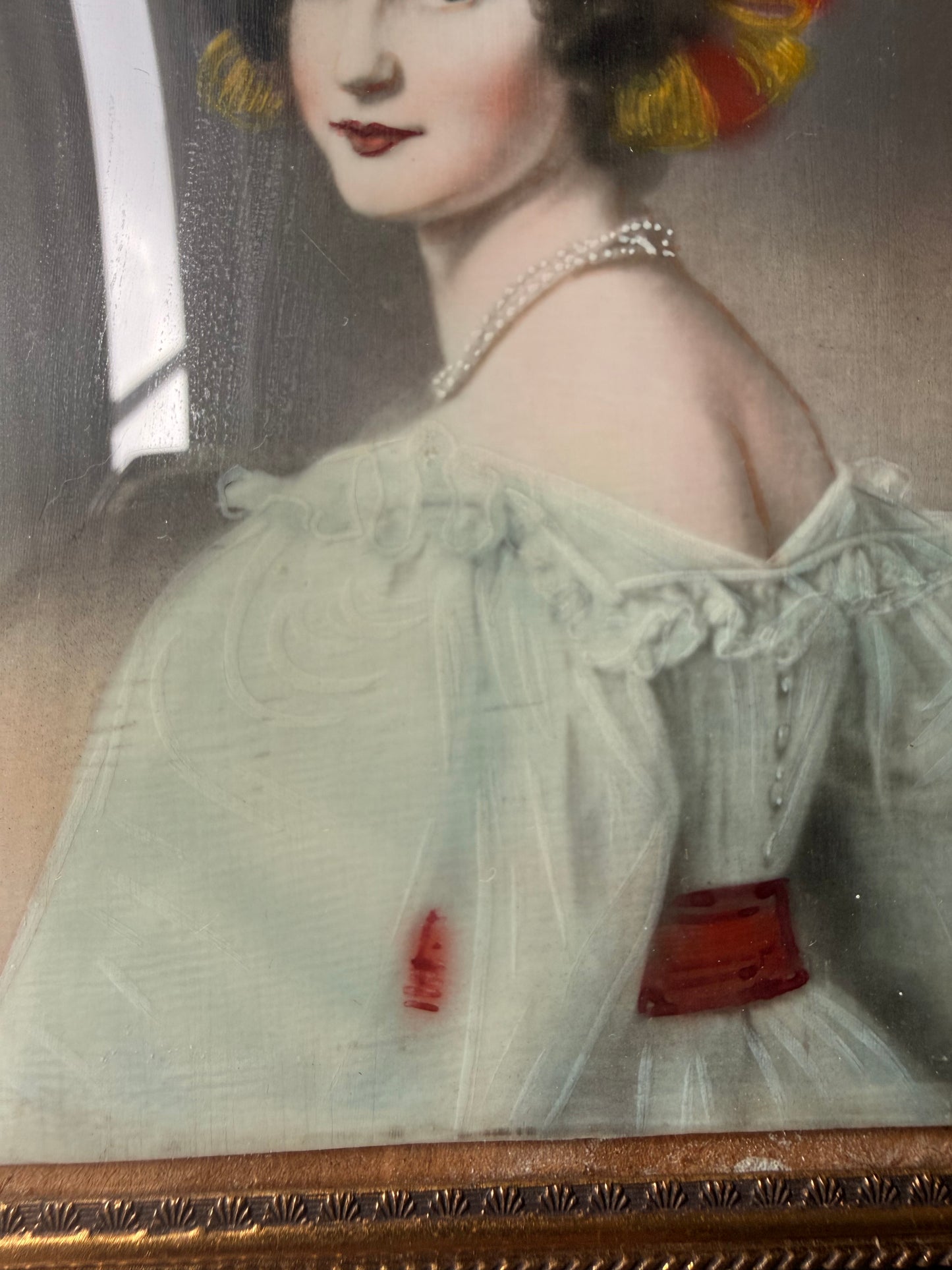 Antique Convex Glass Hand Painted Portrait of Princess Alexandra of Bavaria in Tortoiseshell Frame
