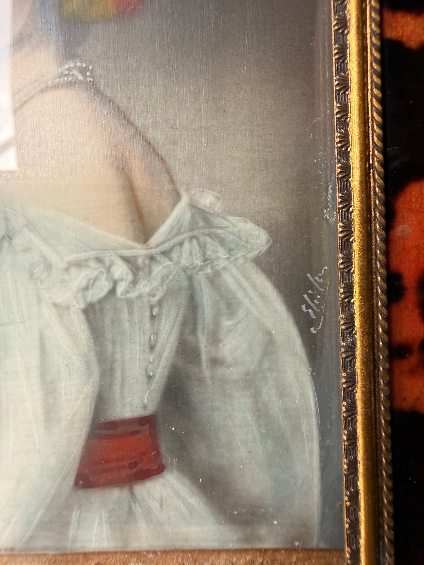 Antique Convex Glass Hand Painted Portrait of Princess Alexandra of Bavaria in Tortoiseshell Frame