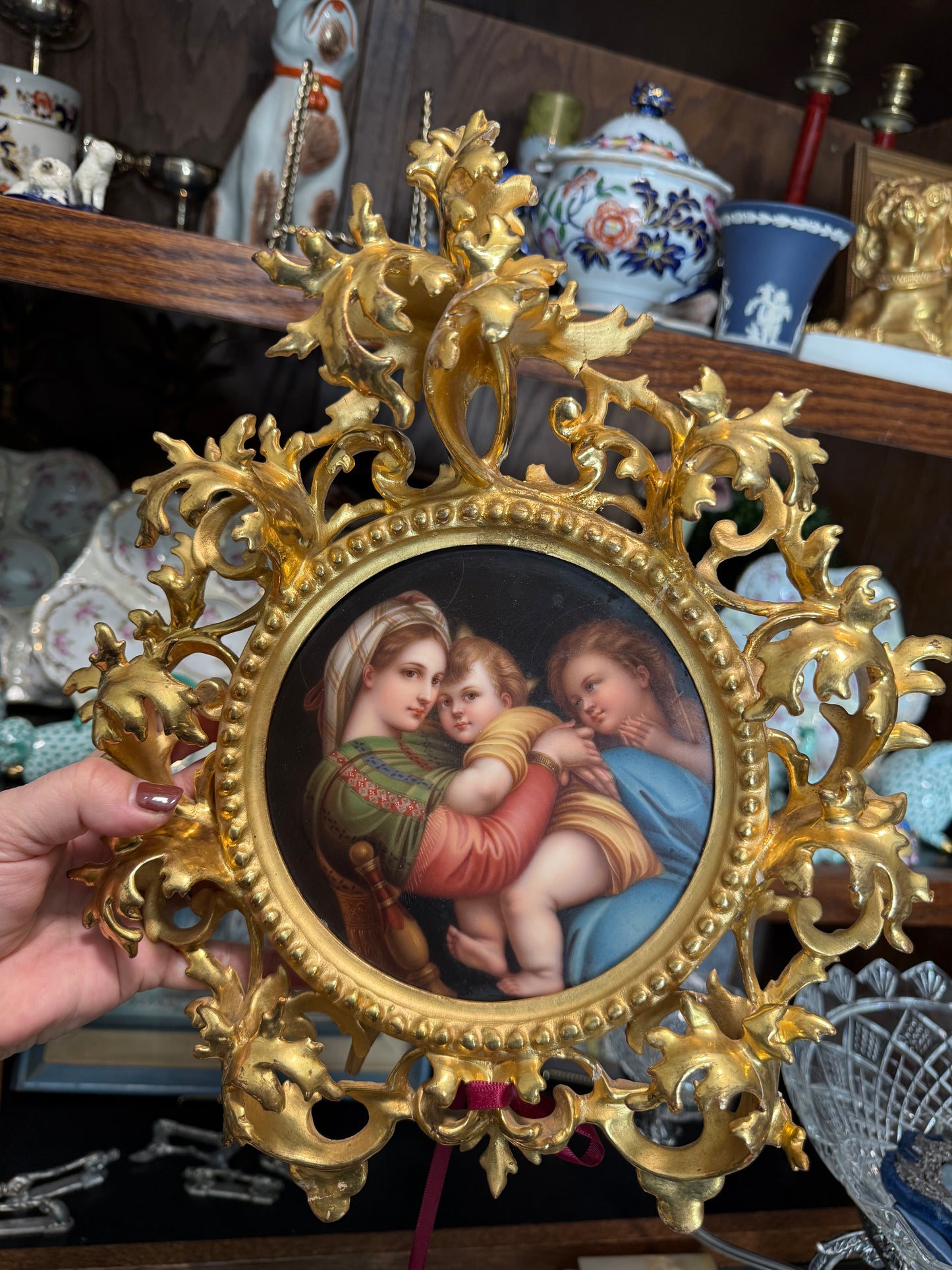For Maryanne- 19th Century French Madonna and Child Hand Painted Porcelain in Water Gilt Frame - Live Sale 12/3