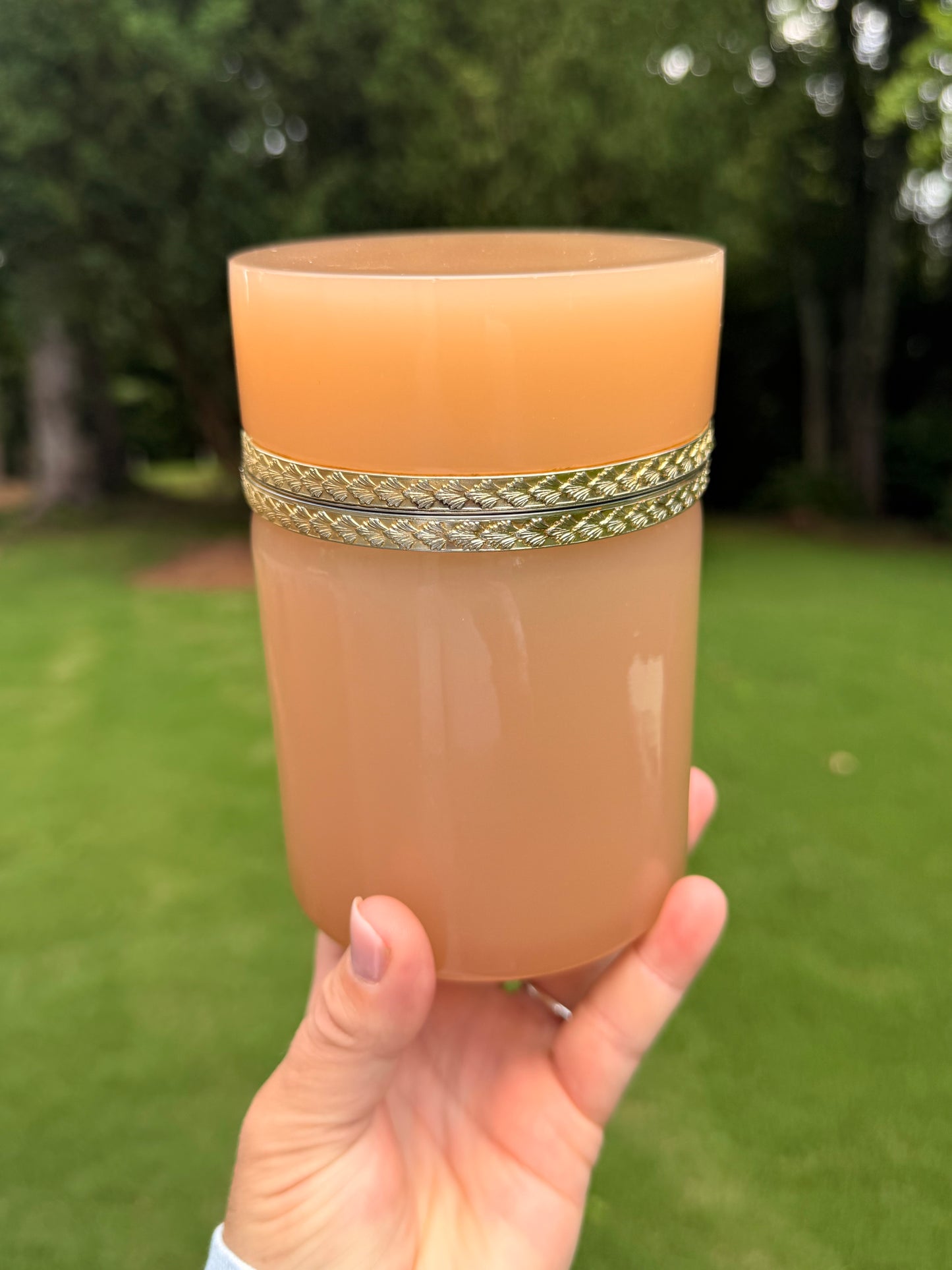 Antique French Peach Opaline Glass Cylindrical Vanity Jar with Brass Mount