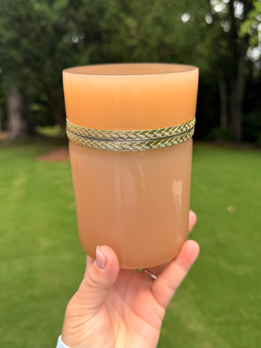 Antique French Peach Opaline Glass Cylindrical Vanity Jar with Brass Mount