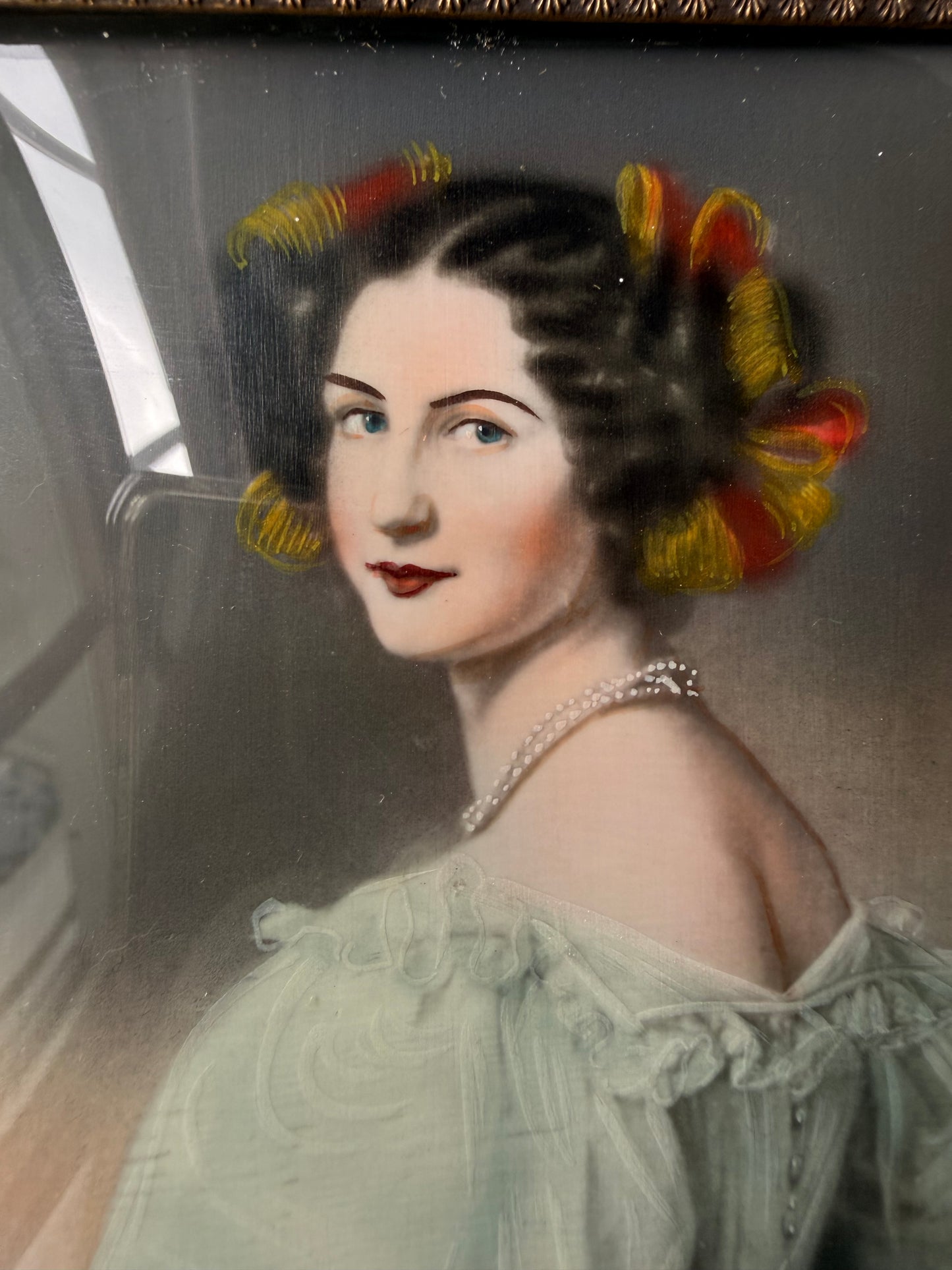 Antique Convex Glass Hand Painted Portrait of Princess Alexandra of Bavaria in Tortoiseshell Frame