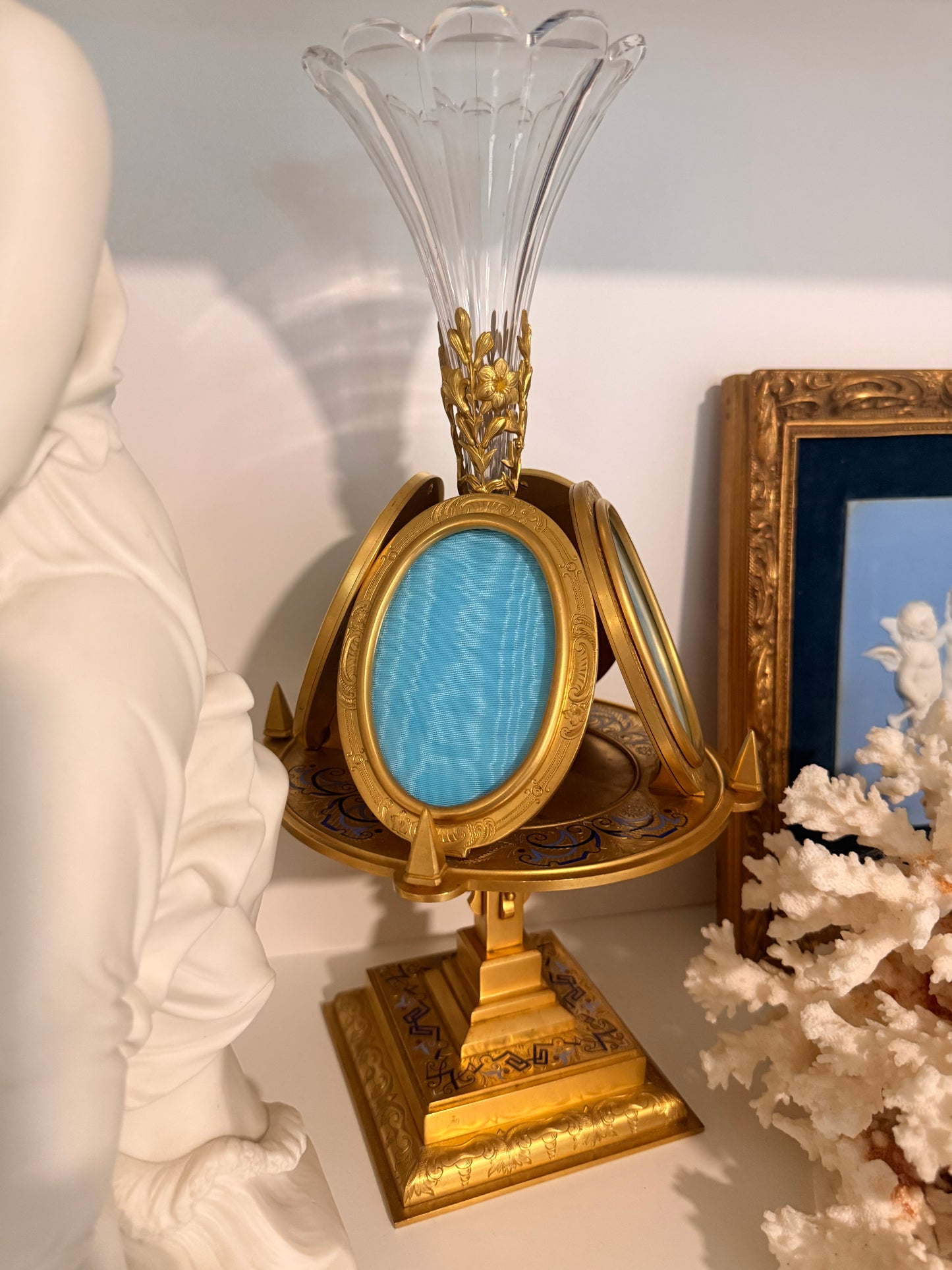 Reserved - Gorgeous 19th Century Pietra Dura Frame and Bronze and Champleve Rotating Vase Epergne