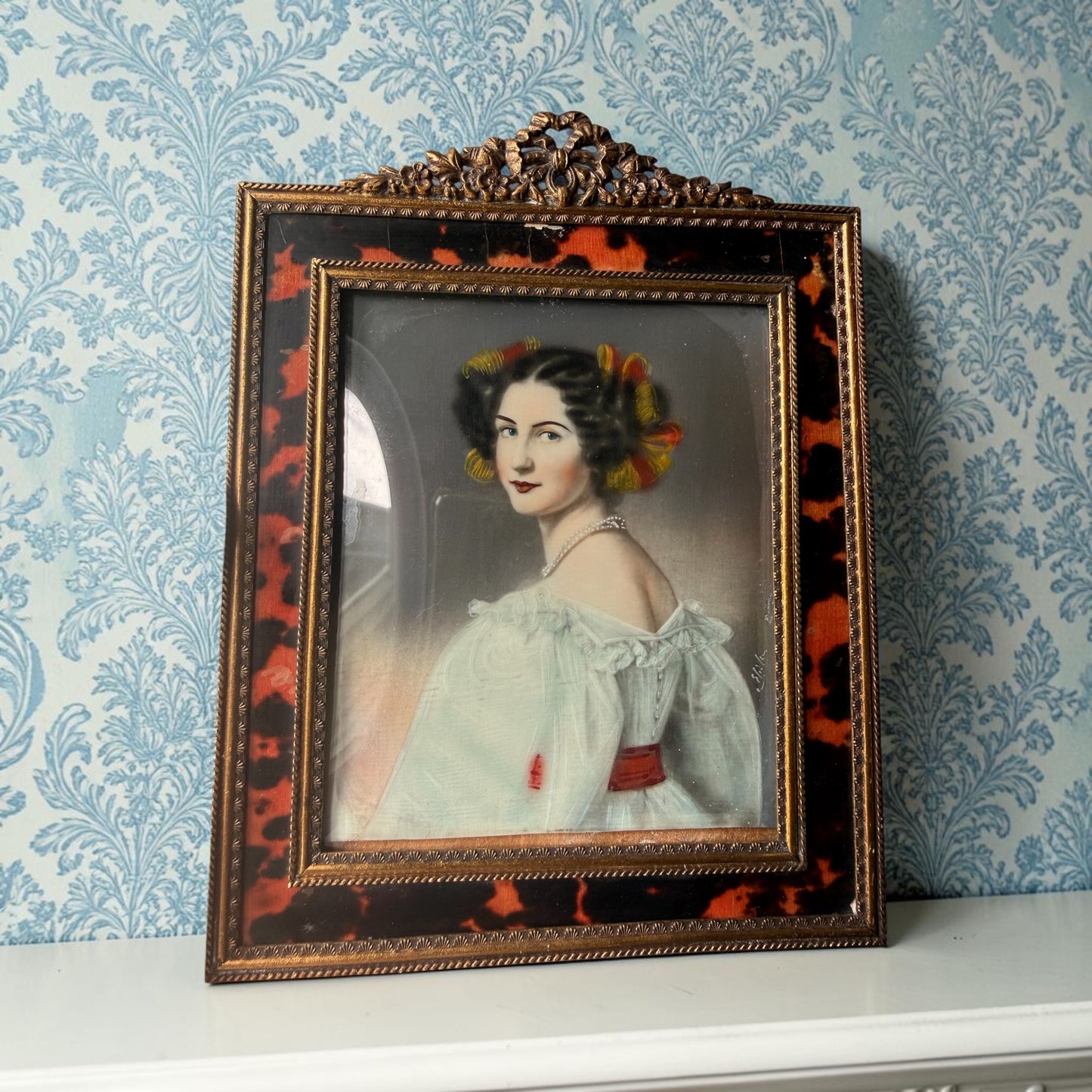 Antique Convex Glass Hand Painted Portrait of Princess Alexandra of Bavaria in Tortoiseshell Frame