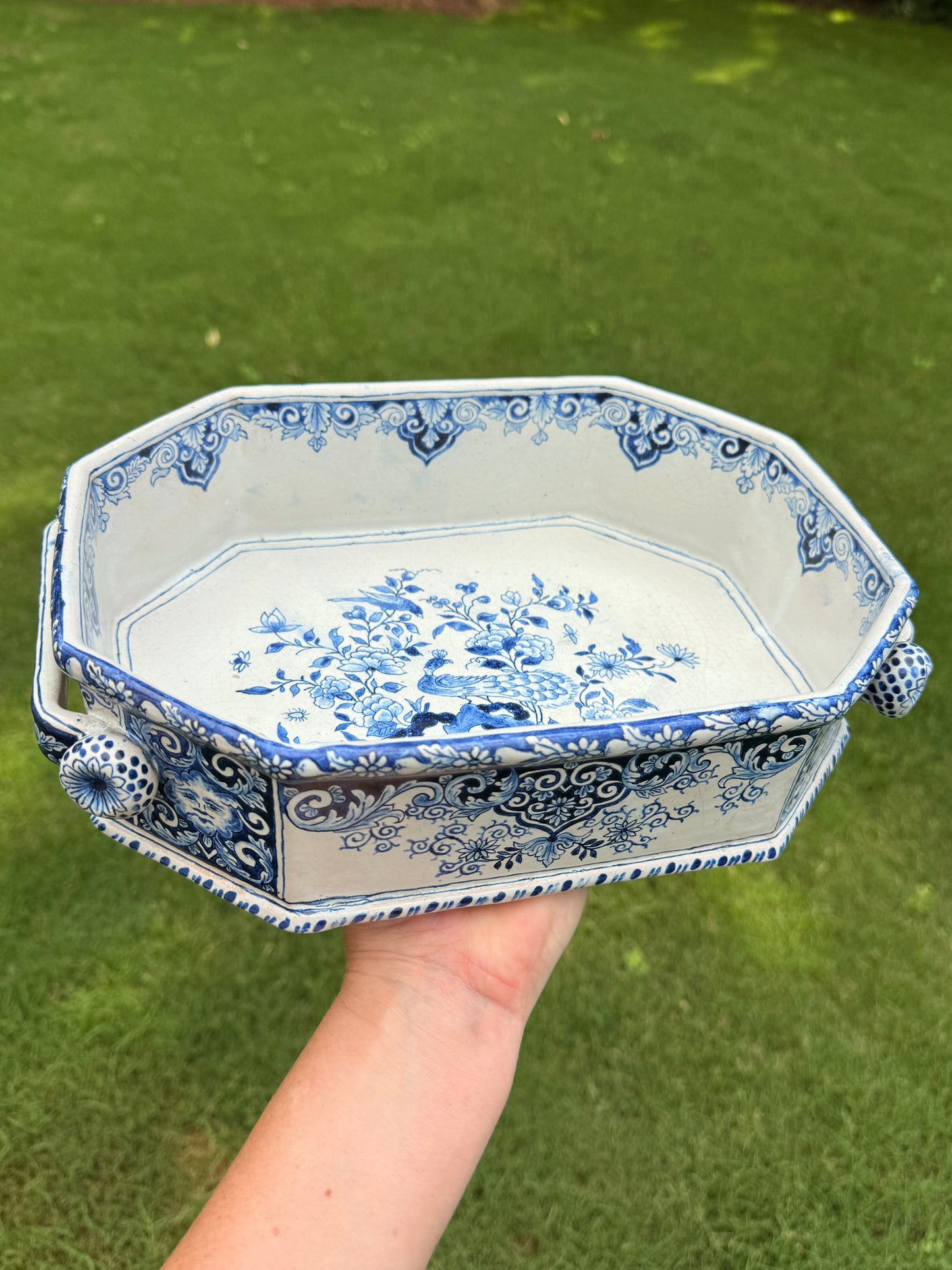 La Faïencerie de Pornic Blue & White Faience Cachepot / Centerpiece