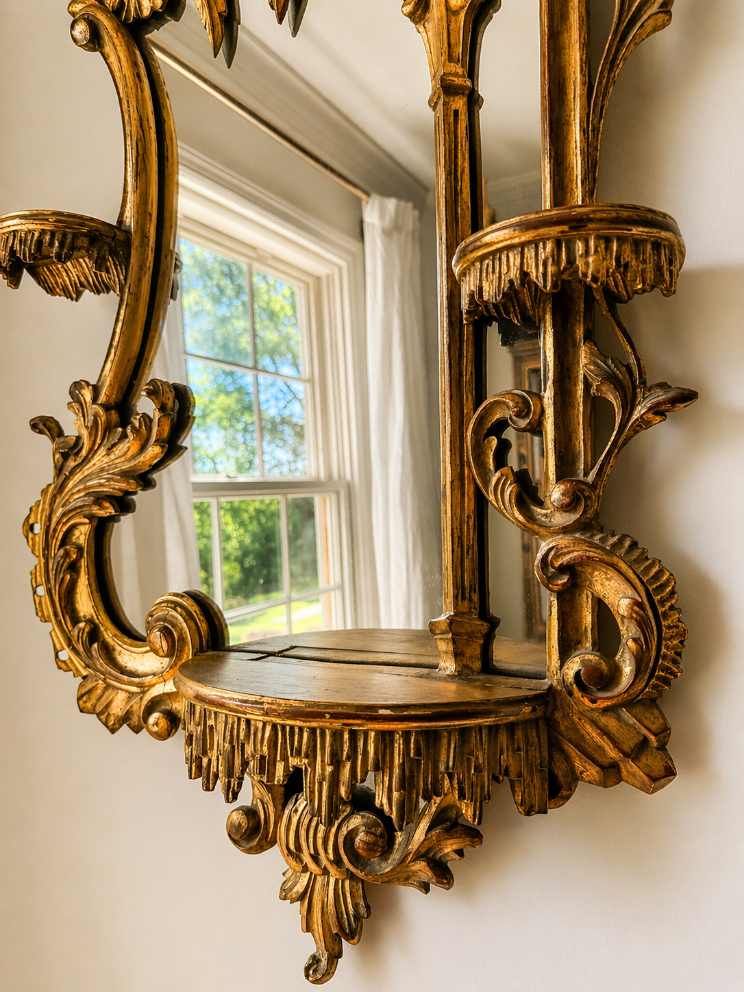 RESERVED.  Extra Large 19th Century Gold Gilded Hand Carved Chippendale Pagoda Style Mirrors - Exact PAIR 42”x 19”