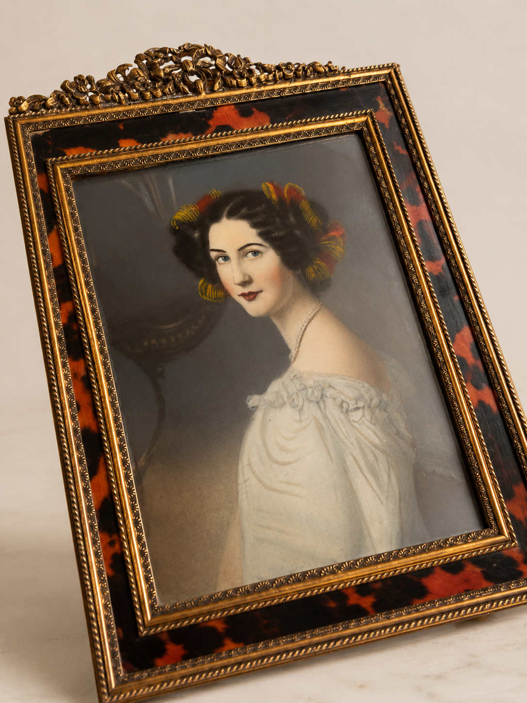 Antique Convex Glass Hand Painted Portrait of Princess Alexandra of Bavaria in Tortoiseshell Frame