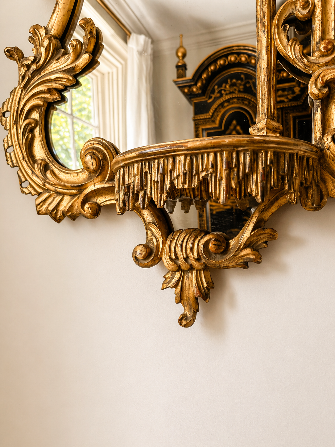 RESERVED.  Extra Large 19th Century Gold Gilded Hand Carved Chippendale Pagoda Style Mirrors - Exact PAIR 42”x 19”