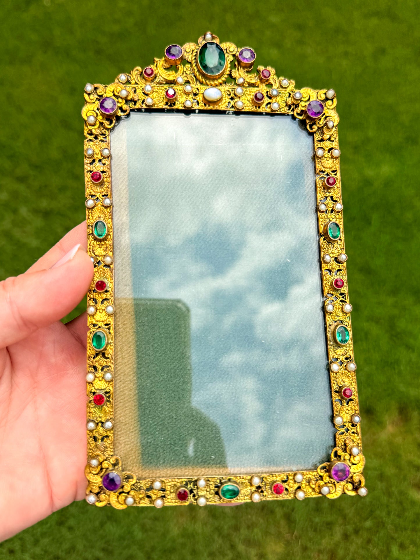 Antique Jeweled Princess Filigree Picture Frame with Natural Opals & Seed Pearls