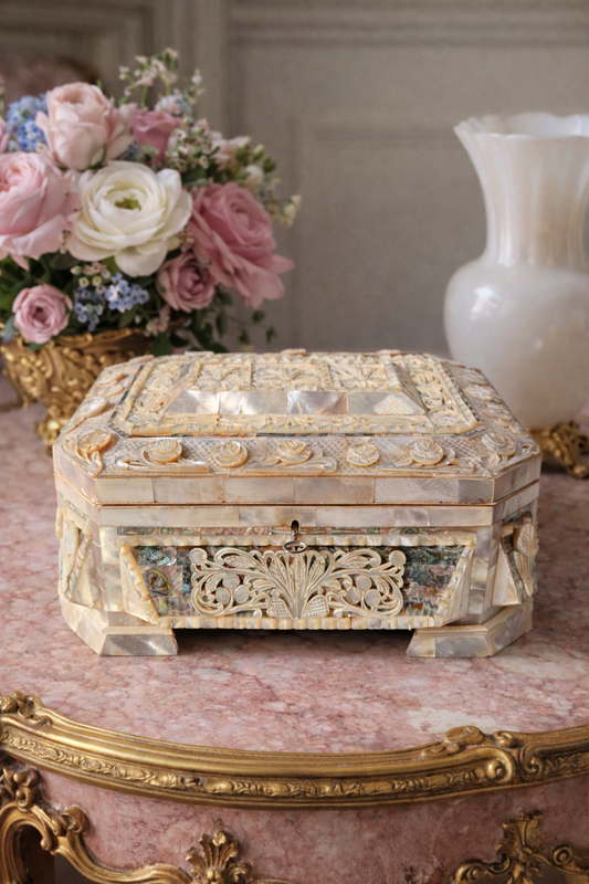 Luxe Antique Mother of Pearl & Abalone Inlaid Jewelry Casket / Document Holder