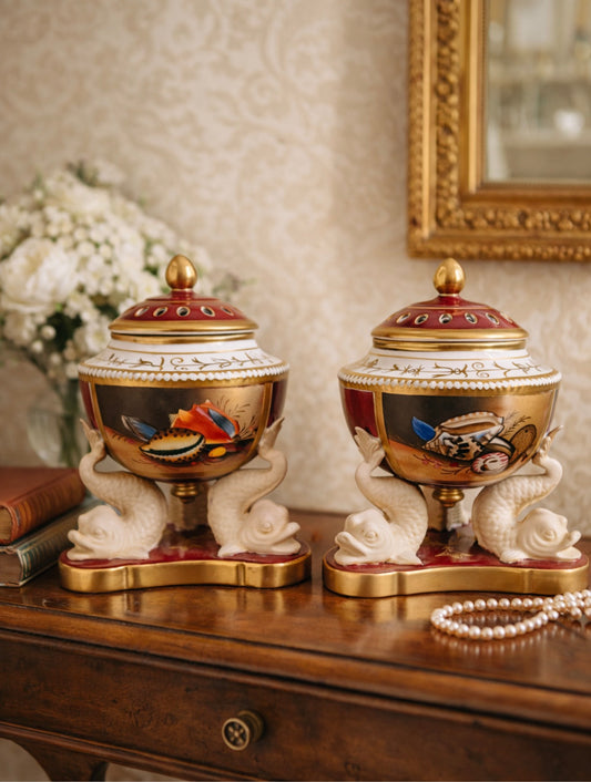 Pair of 19th Century Porcelain Potpourri Urns with Dolphin Bases – Hand Painted Marine Motif – 9”