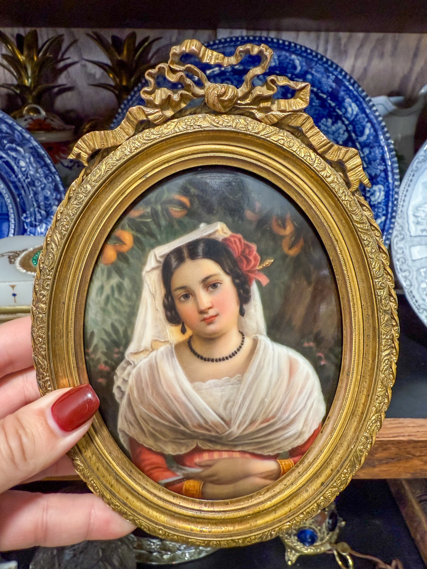 Absolutely Stunning 19th Century French Hand Painted Porcelain Portrait with Gold Gilded Bronze Frame
