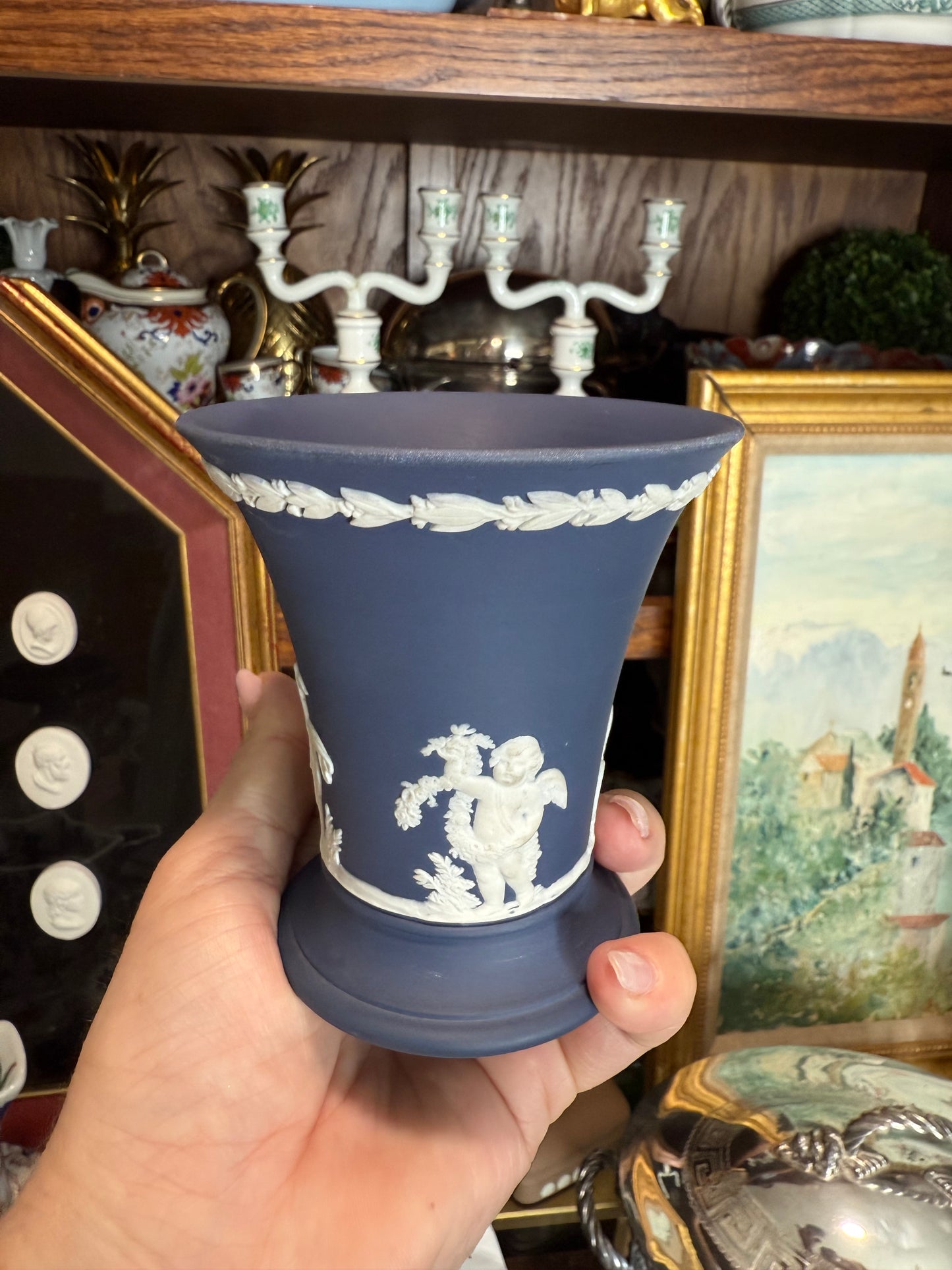 For Corrie- Portland Blue Wedgwood Vase 10.15