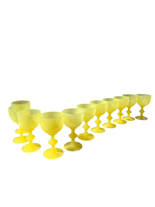 Set of 11 Antique Portieux Vallerysthal Opaline Cordial Goblets — Rare Citron Yellow