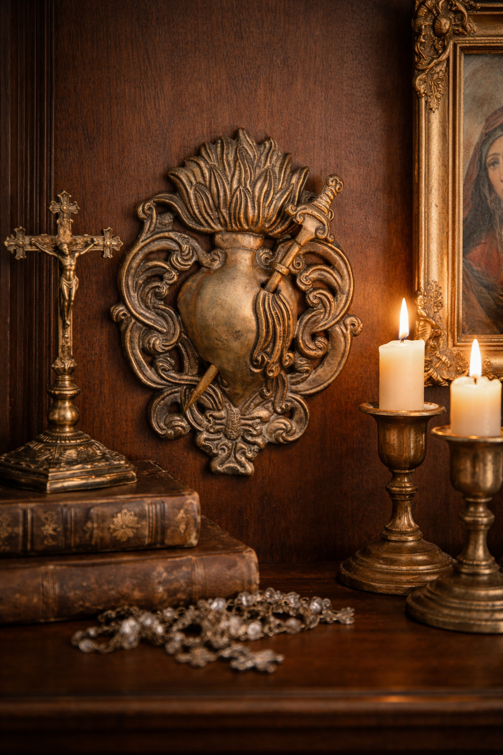 Sacred Heart Bronze Wall Plaque with Sword – Baroque Style Ecclesiastical Ornament