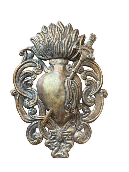 Sacred Heart Bronze Wall Plaque with Sword – Baroque Style Ecclesiastical Ornament