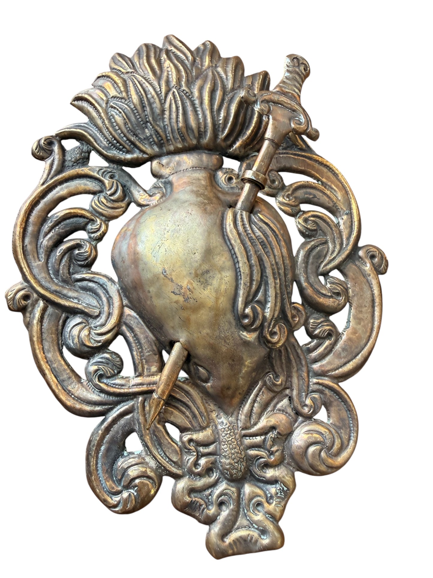 Sacred Heart Bronze Wall Plaque with Sword – Baroque Style Ecclesiastical Ornament