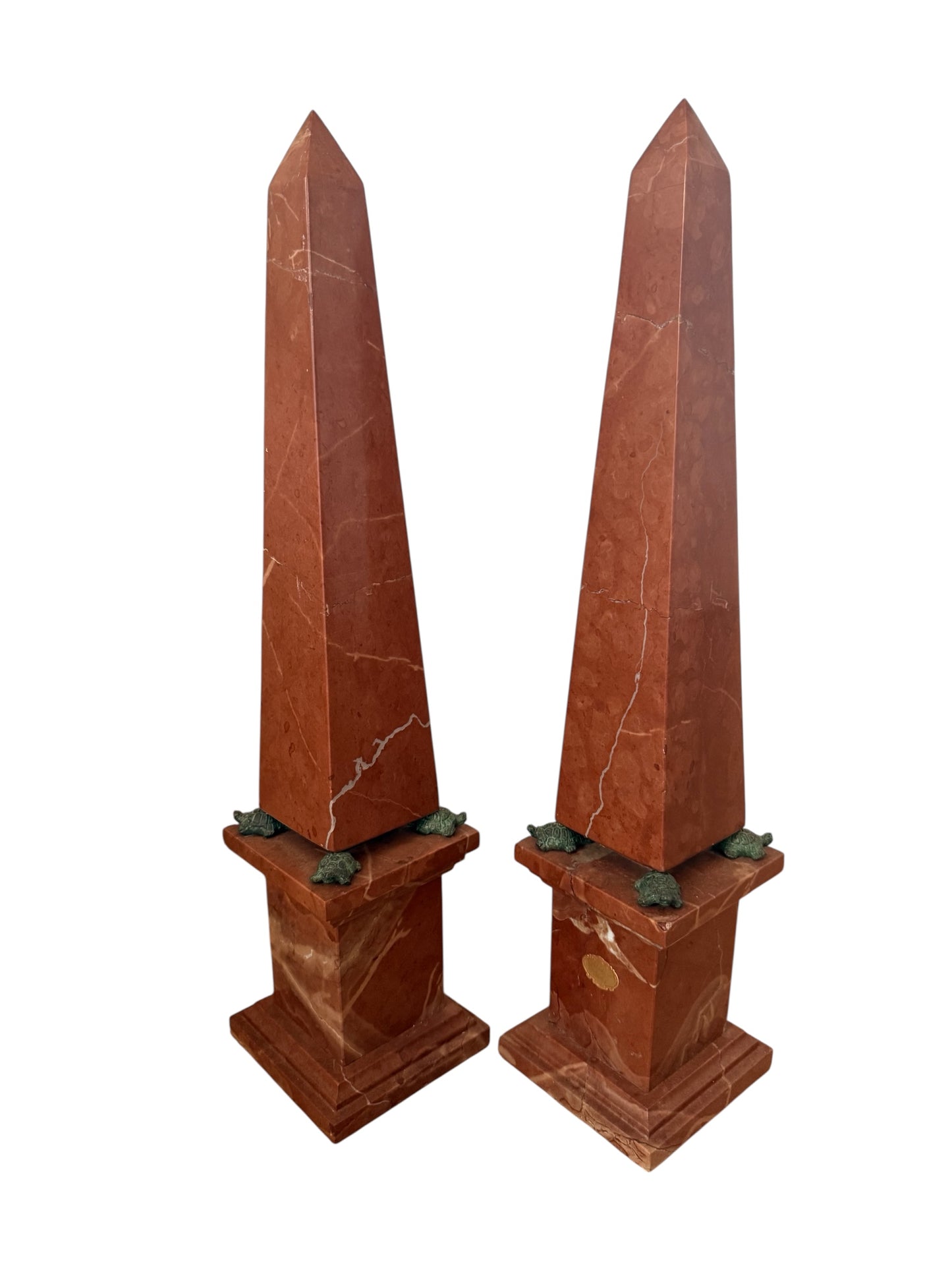 Pair of Italian 20” Tall Marble Obelisks with Tortoise Feet
