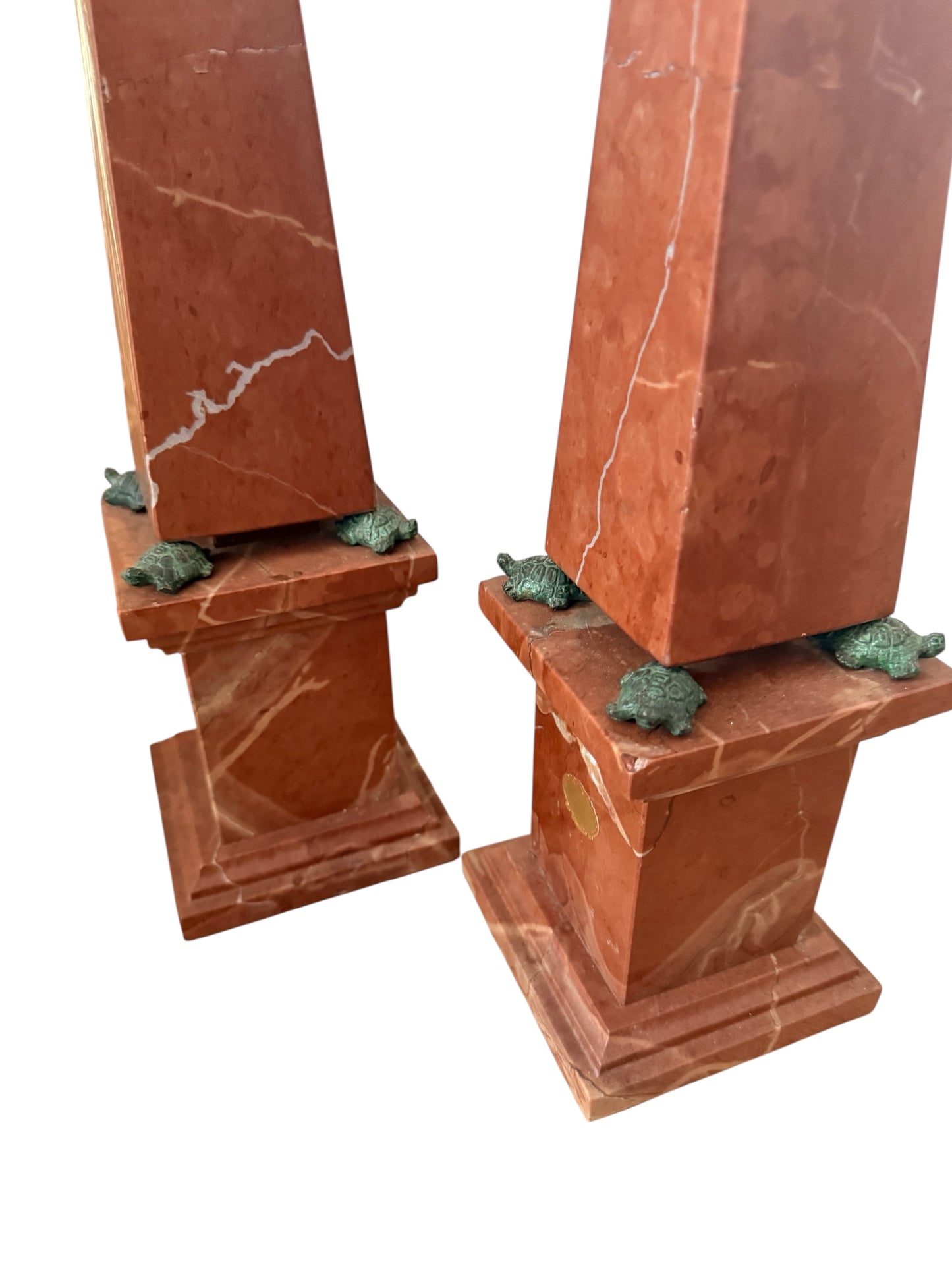 Pair of Italian 20” Tall Marble Obelisks with Tortoise Feet