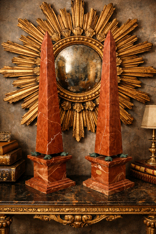 Pair of Italian 20” Tall Marble Obelisks with Tortoise Feet